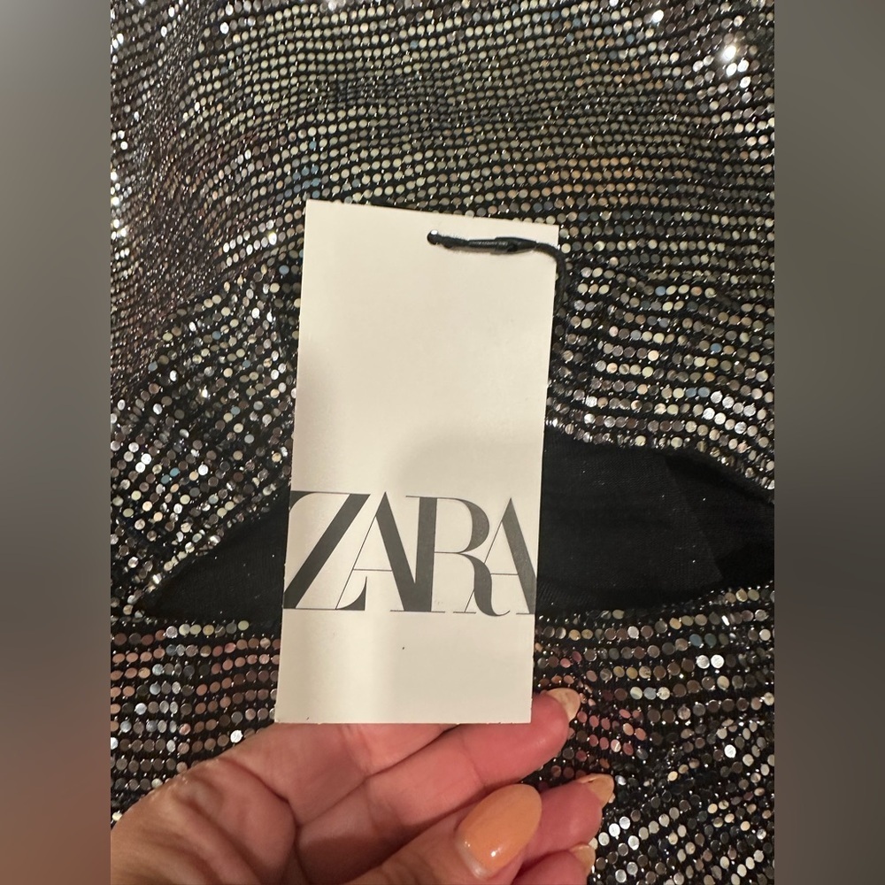 NWT ZARA STRECH PENCIL  SILVER METALLIC STULE SKIRT W BLACK LACE TREAM - Picture 9 of 9